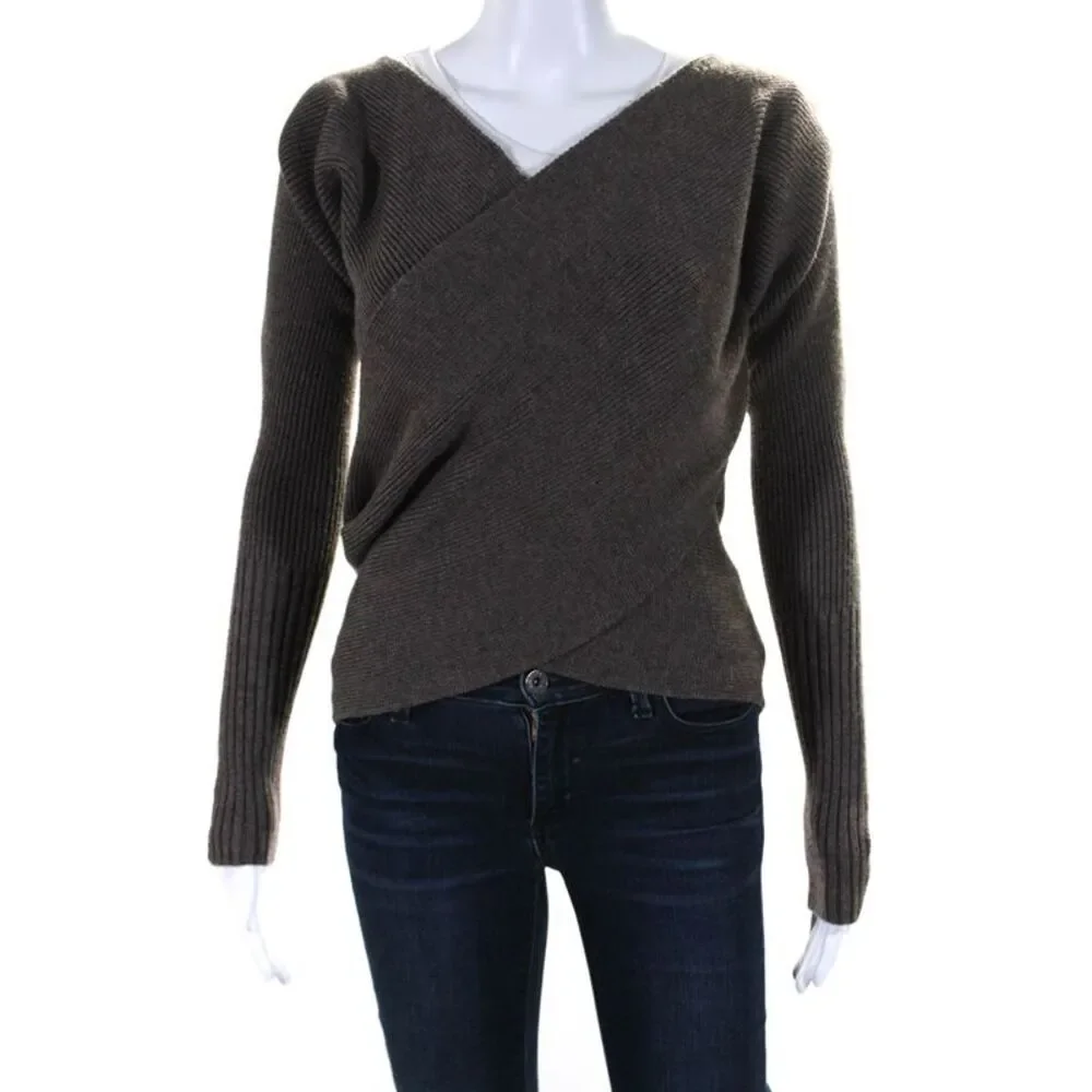 NFP Womens Brown Merino Wool Wrap Around Long Sleeve Sweater Top Size L